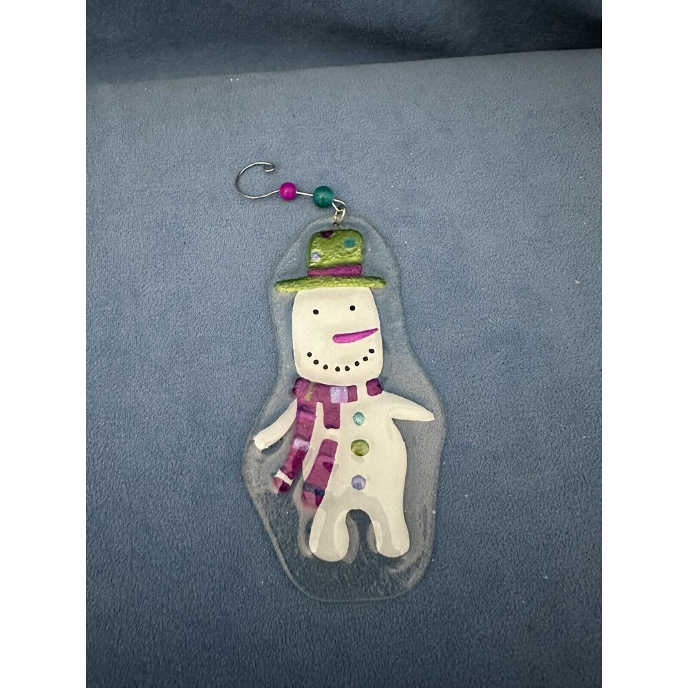 Art Glass 6” Snowman/ Green Hat / Purple Scarf And Beaded Hook